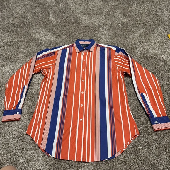POLO By Ralph Lauren mens Medium Orange Blue Stripe Long Sleeve Button Up Shirt - Picture 2 of 8